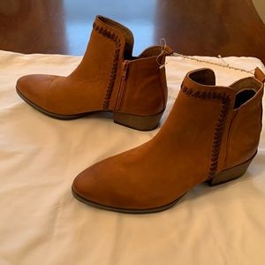 Tan western ankle bootie faux suede upper with 2 inch heel with side zipper